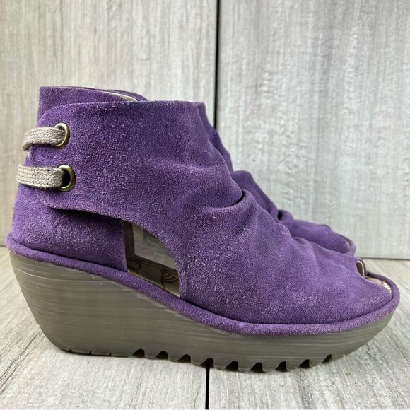 Fly London Yema Amethyst Purple Suede Platform Wedge Open Toe Shoe Womens Size 7 - Picture 3 of 10